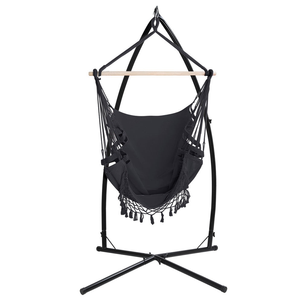 Gardeon Hammock Chair with Steel Stand Hanging Outdoor Tassel Grey-2