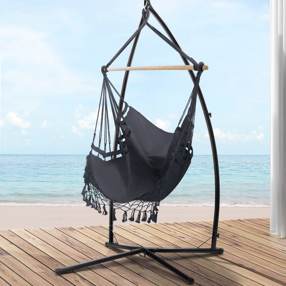 Gardeon Hammock Chair with Steel Stand Hanging Outdoor Tassel Grey-7