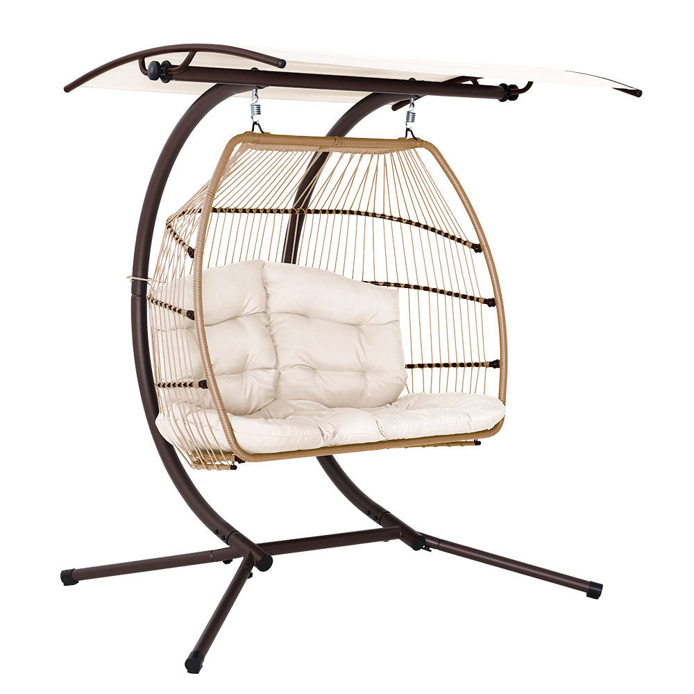 Gardeon Outdoor Egg Swing Chair Wicker Furniture Pod Stand Canopy 2 Seater Latte-0