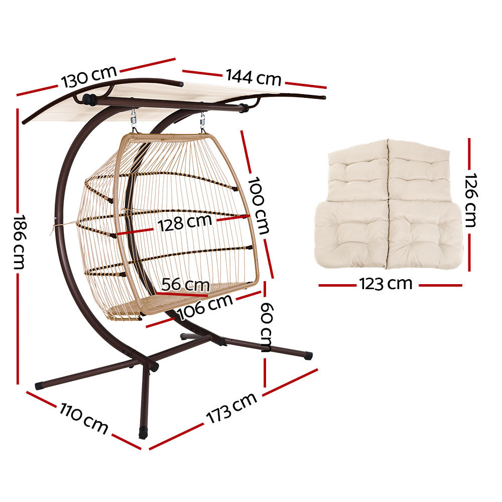 Gardeon Outdoor Egg Swing Chair Wicker Furniture Pod Stand Canopy 2 Seater Latte-1