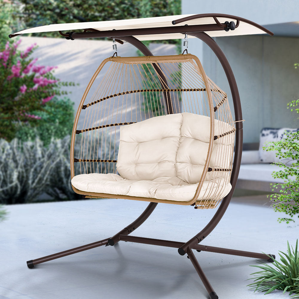 Gardeon Outdoor Egg Swing Chair Wicker Furniture Pod Stand Canopy 2 Seater Latte-7