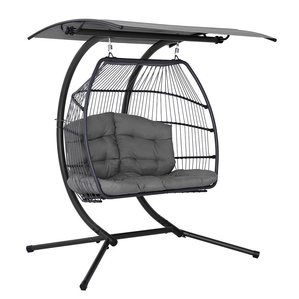 Gardeon Outdoor Egg Swing Chair Wicker Furniture Pod Stand Canopy 2 Seater Grey-0