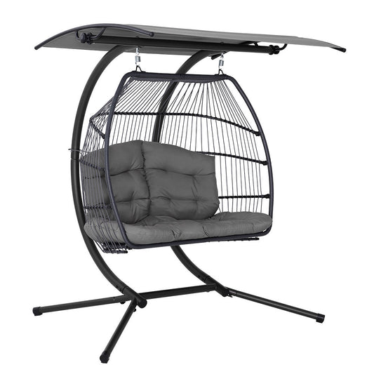 Gardeon Outdoor Egg Swing Chair Wicker Furniture Pod Stand Canopy 2 Seater Grey-0