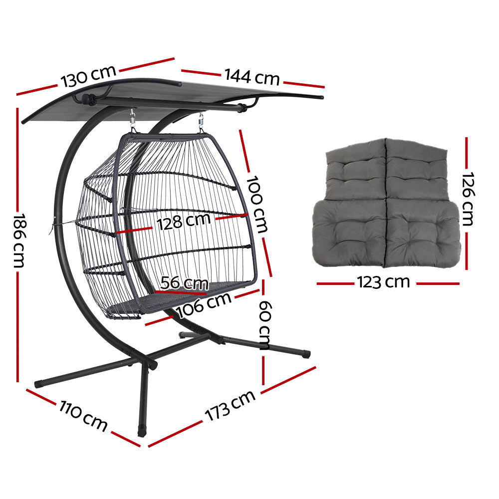 Gardeon Outdoor Egg Swing Chair Wicker Furniture Pod Stand Canopy 2 Seater Grey-1