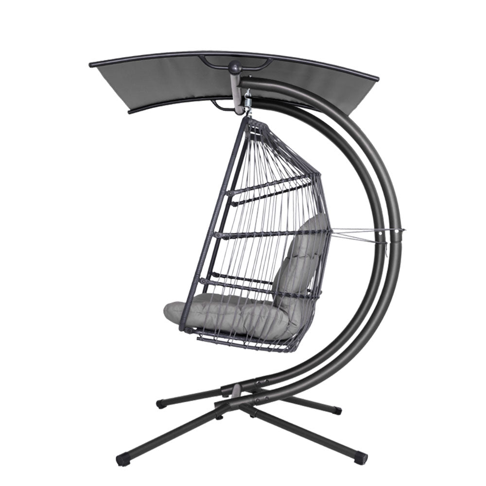 Gardeon Outdoor Egg Swing Chair Wicker Furniture Pod Stand Canopy 2 Seater Grey-3