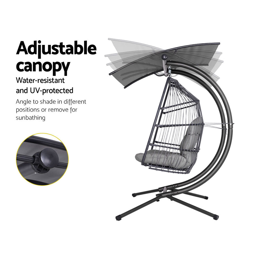 Gardeon Outdoor Egg Swing Chair Wicker Furniture Pod Stand Canopy 2 Seater Grey-5