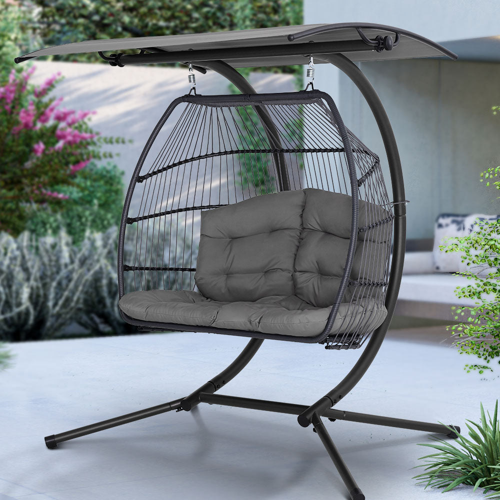 Gardeon Outdoor Egg Swing Chair Wicker Furniture Pod Stand Canopy 2 Seater Grey-7