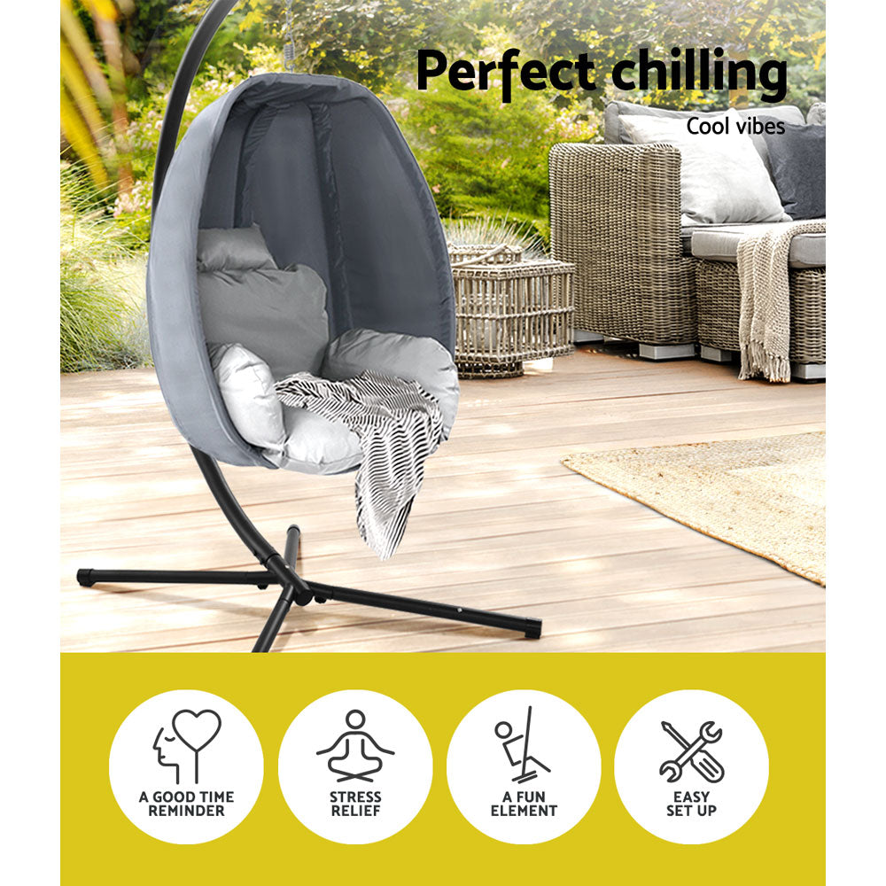 Gardeon Outdoor Egg Swing Chair Patio Furniture Pod Stand Canopy Foldable Grey-4