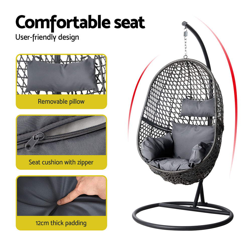 Gardeon Outdoor Egg Swing Chair Wicker Rattan Furniture Pod Stand Cushion Black-4