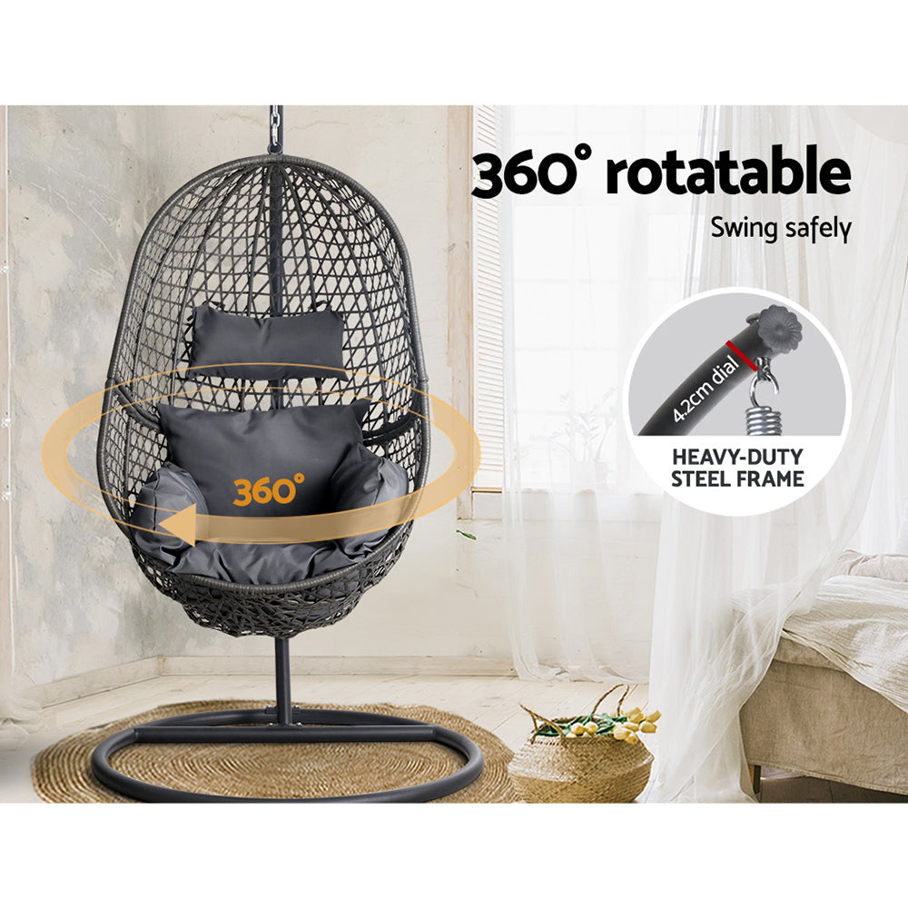 Gardeon Outdoor Egg Swing Chair Wicker Rattan Furniture Pod Stand Cushion Black-5