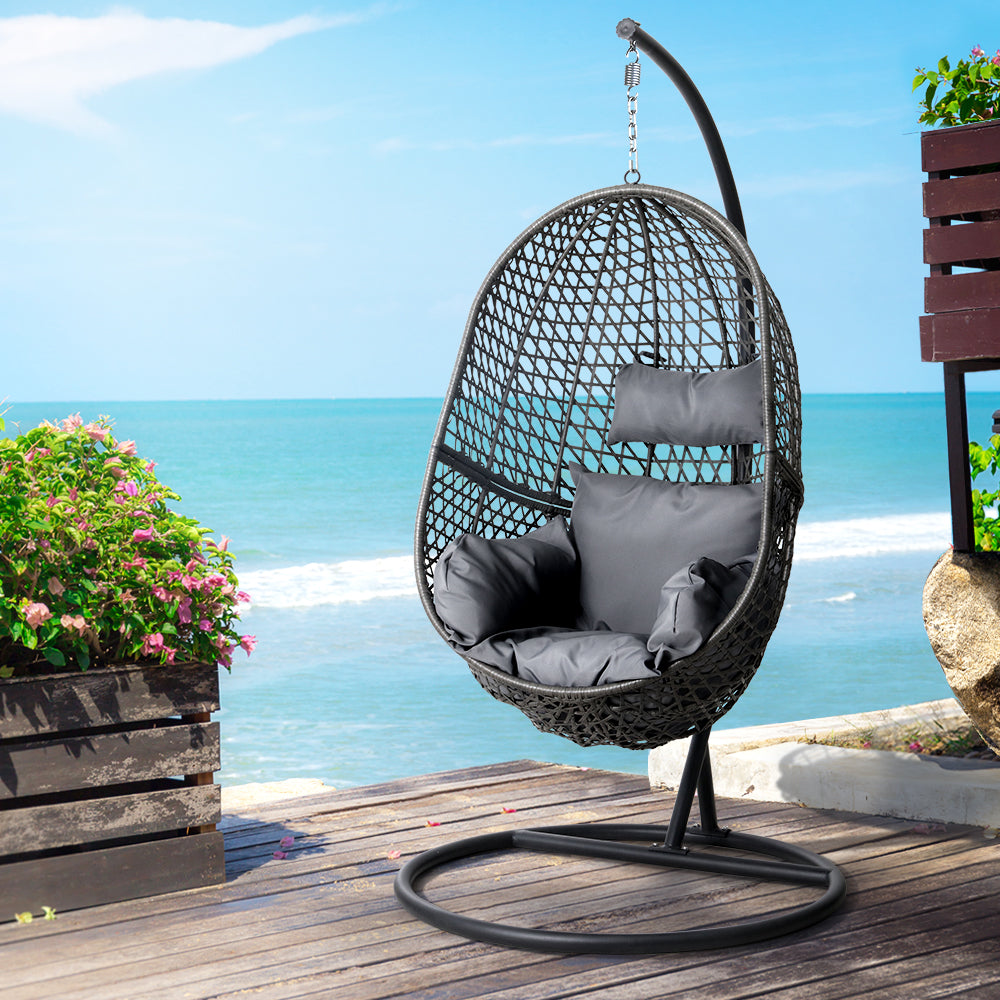 Gardeon Outdoor Egg Swing Chair Wicker Rattan Furniture Pod Stand Cushion Black-7