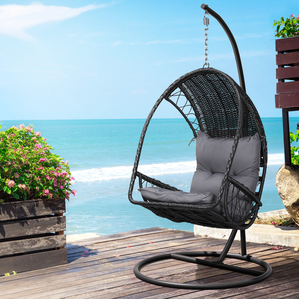 Gardeon Outdoor Egg Swing Chair Wicker Furniture Pod Stand Armrest Black-6