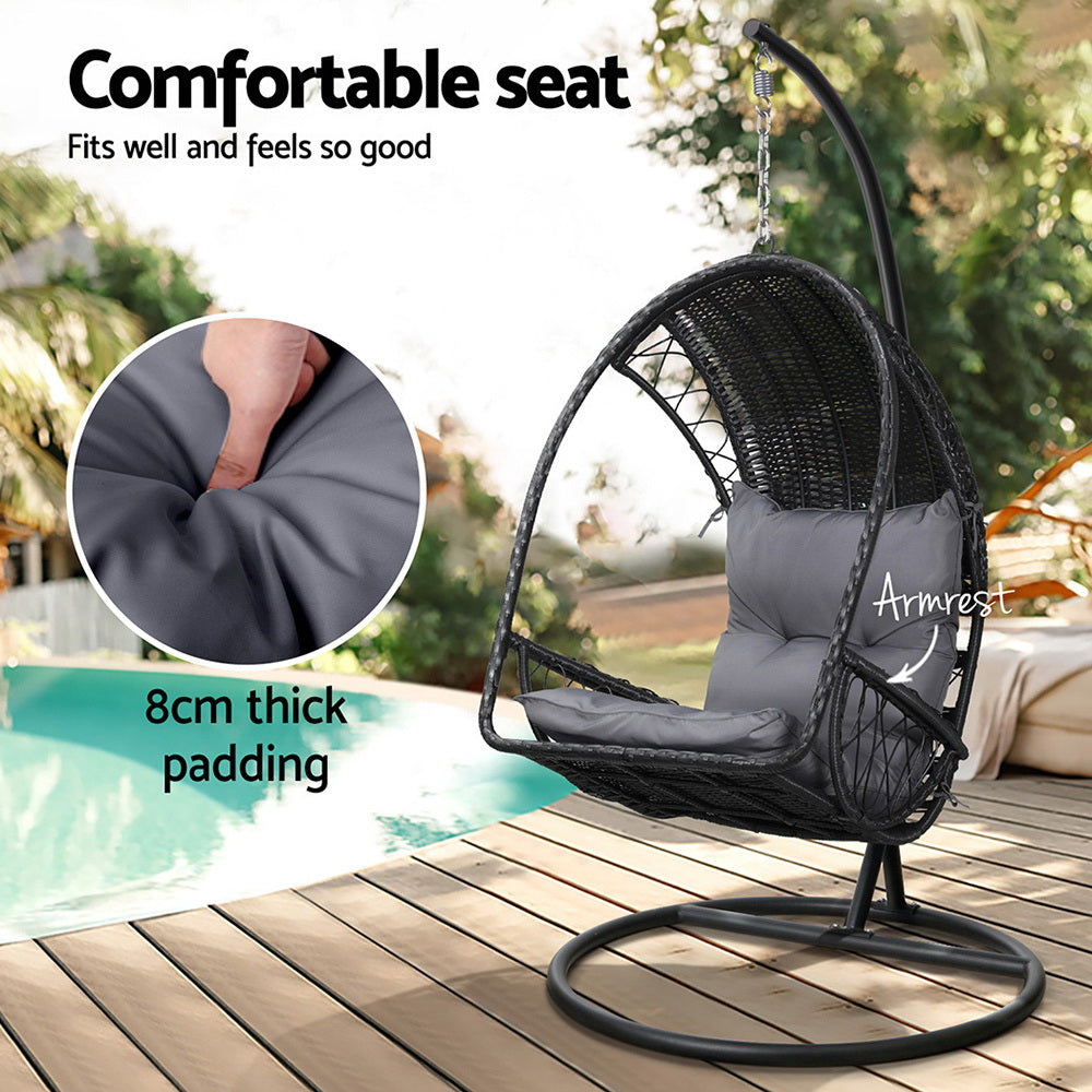 Gardeon Outdoor Egg Swing Chair Wicker Furniture Pod Stand Armrest Black-4