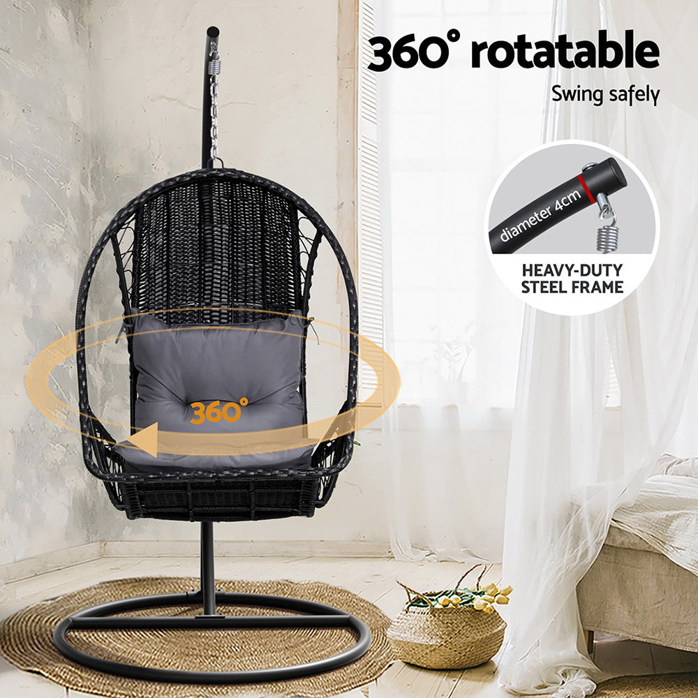 Gardeon Outdoor Egg Swing Chair Wicker Furniture Pod Stand Armrest Black-5