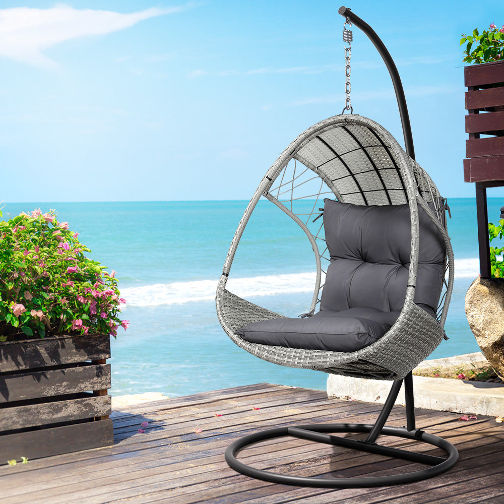 Gardeon Outdoor Egg Swing Chair Wicker Furniture Pod Stand Armrest Light Grey-6