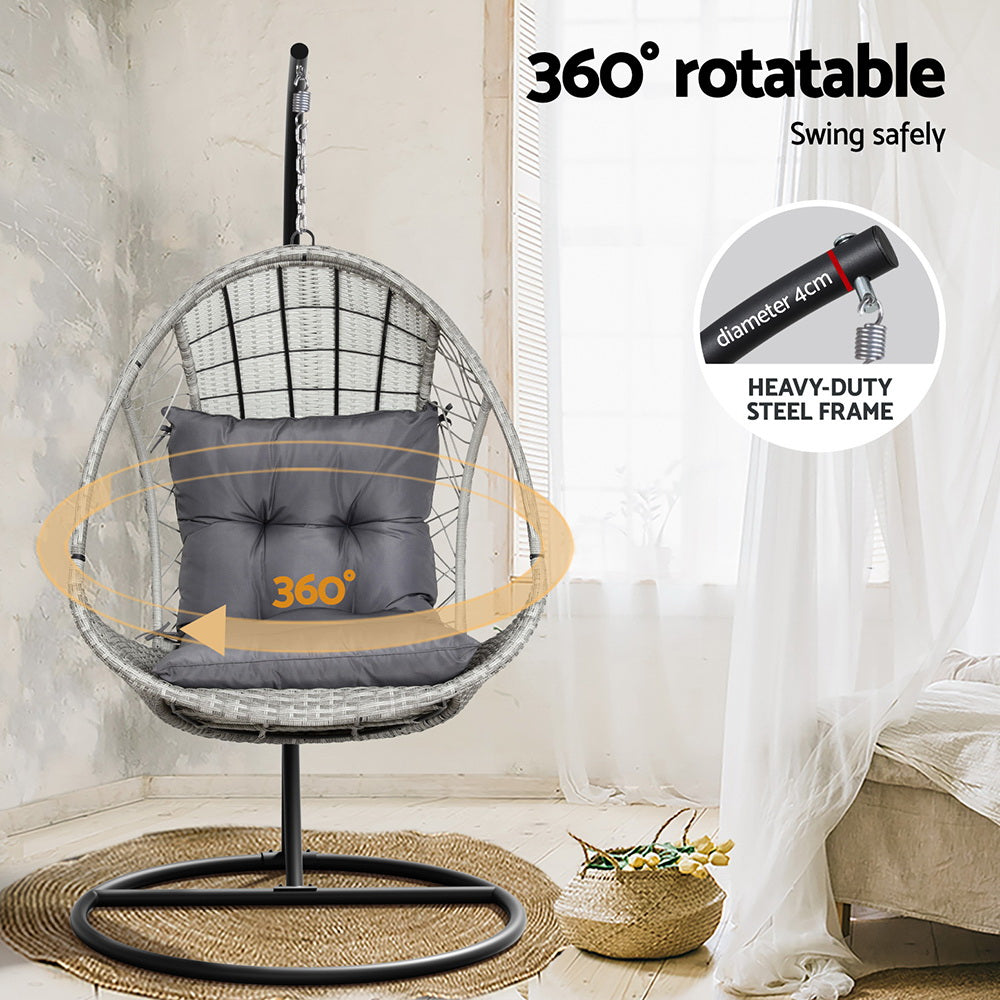 Gardeon Outdoor Egg Swing Chair Wicker Furniture Pod Stand Armrest Light Grey-5