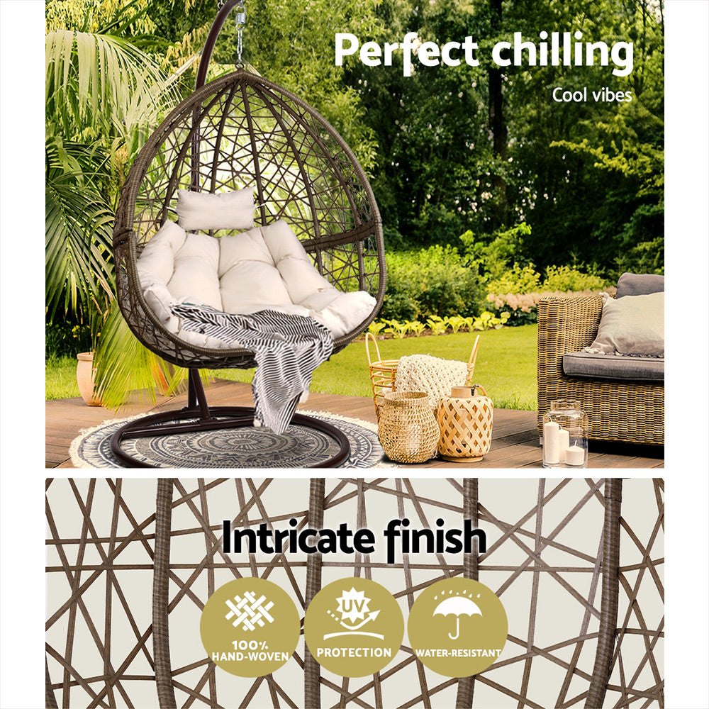 Gardeon Outdoor Egg Swing Chair Wicker Rattan Furniture Pod Stand Cushion Latte-3