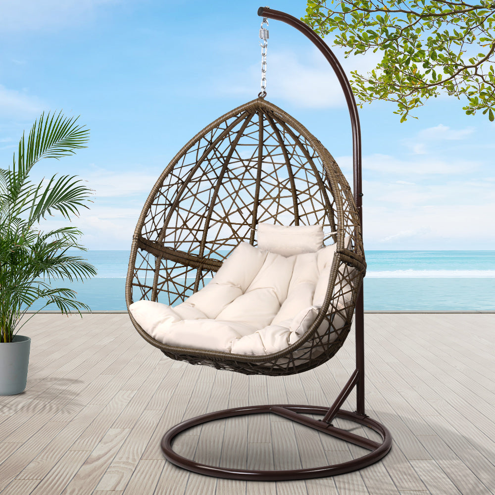 Gardeon Outdoor Egg Swing Chair Wicker Rattan Furniture Pod Stand Cushion Latte-7