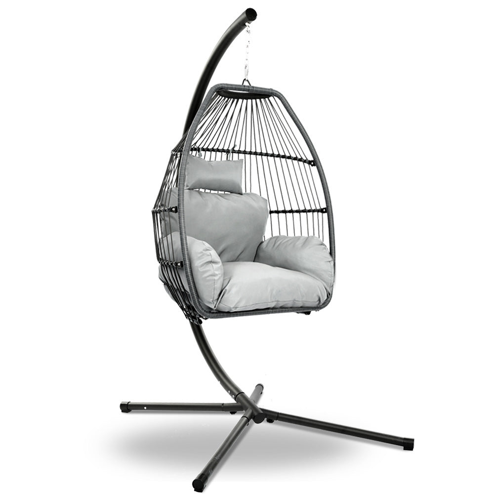 Gardeon Outdoor Egg Swing Chair Wicker Rope Furniture Pod Stand Cushion Grey-0