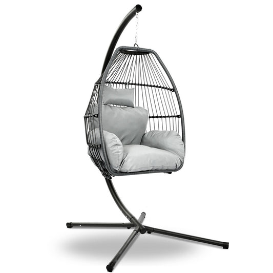 Gardeon Outdoor Egg Swing Chair Wicker Rope Furniture Pod Stand Cushion Grey-0