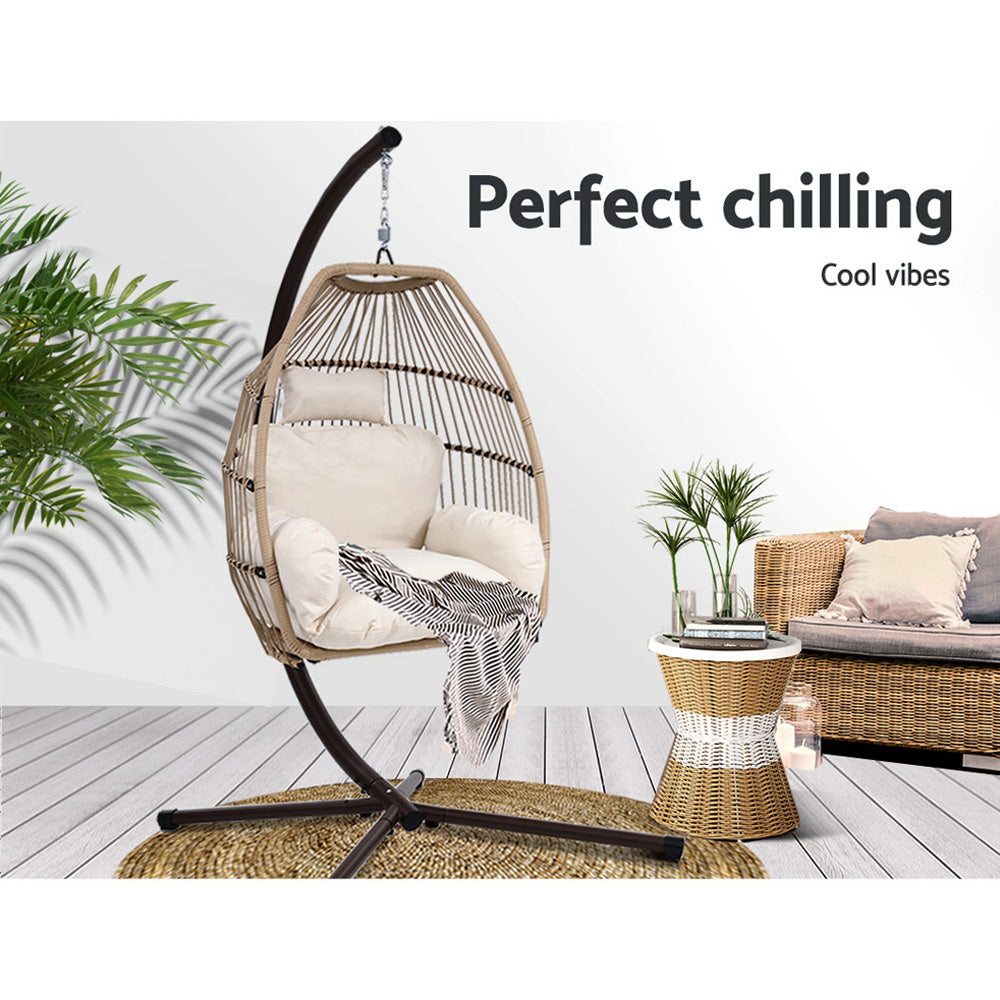 Gardeon Outdoor Egg Swing Chair Wicker Rope Furniture Pod Stand Cushion Latte-2