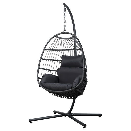 Gardeon Outdoor Egg Swing Chair Wicker Rope Furniture Pod Stand Foldable Grey-0