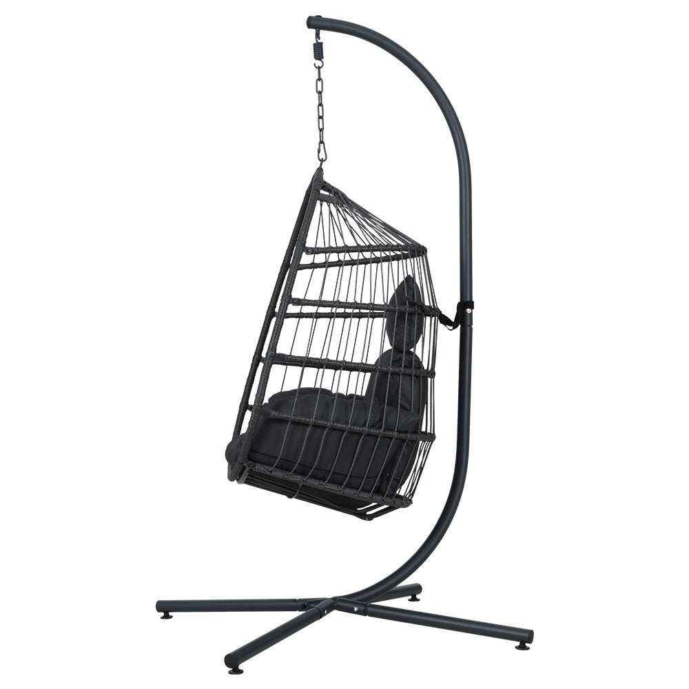 Gardeon Outdoor Egg Swing Chair Wicker Rope Furniture Pod Stand Foldable Grey-3