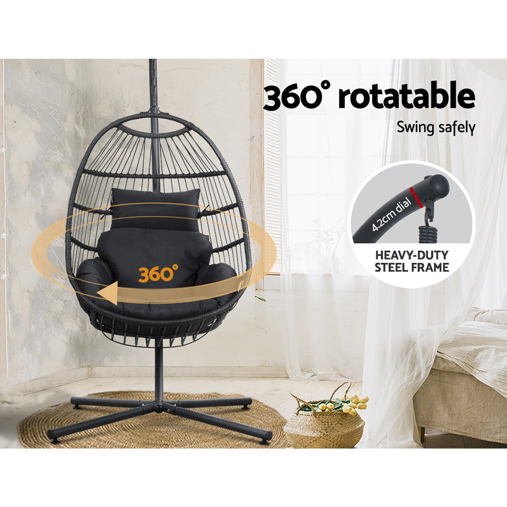 Gardeon Outdoor Egg Swing Chair Wicker Rope Furniture Pod Stand Foldable Grey-5