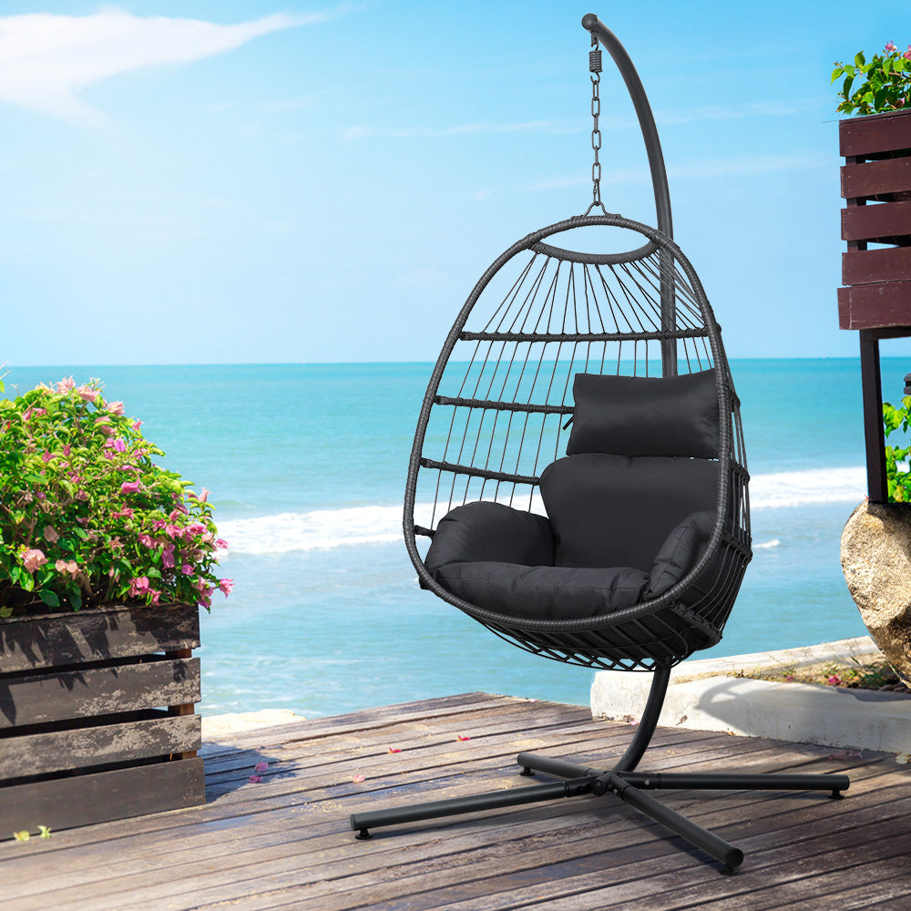 Gardeon Outdoor Egg Swing Chair Wicker Rope Furniture Pod Stand Foldable Grey-7