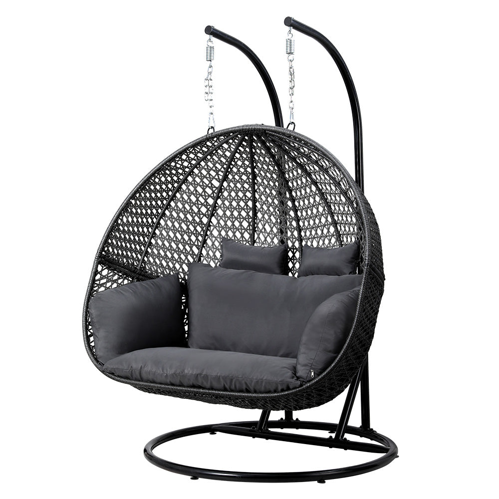 Gardeon Outdoor Egg Swing Chair Hanging Pod Chair Wicker Cushion 2 Person Grey-0