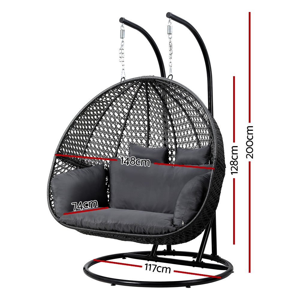 Gardeon Outdoor Egg Swing Chair Hanging Pod Chair Wicker Cushion 2 Person Grey-1