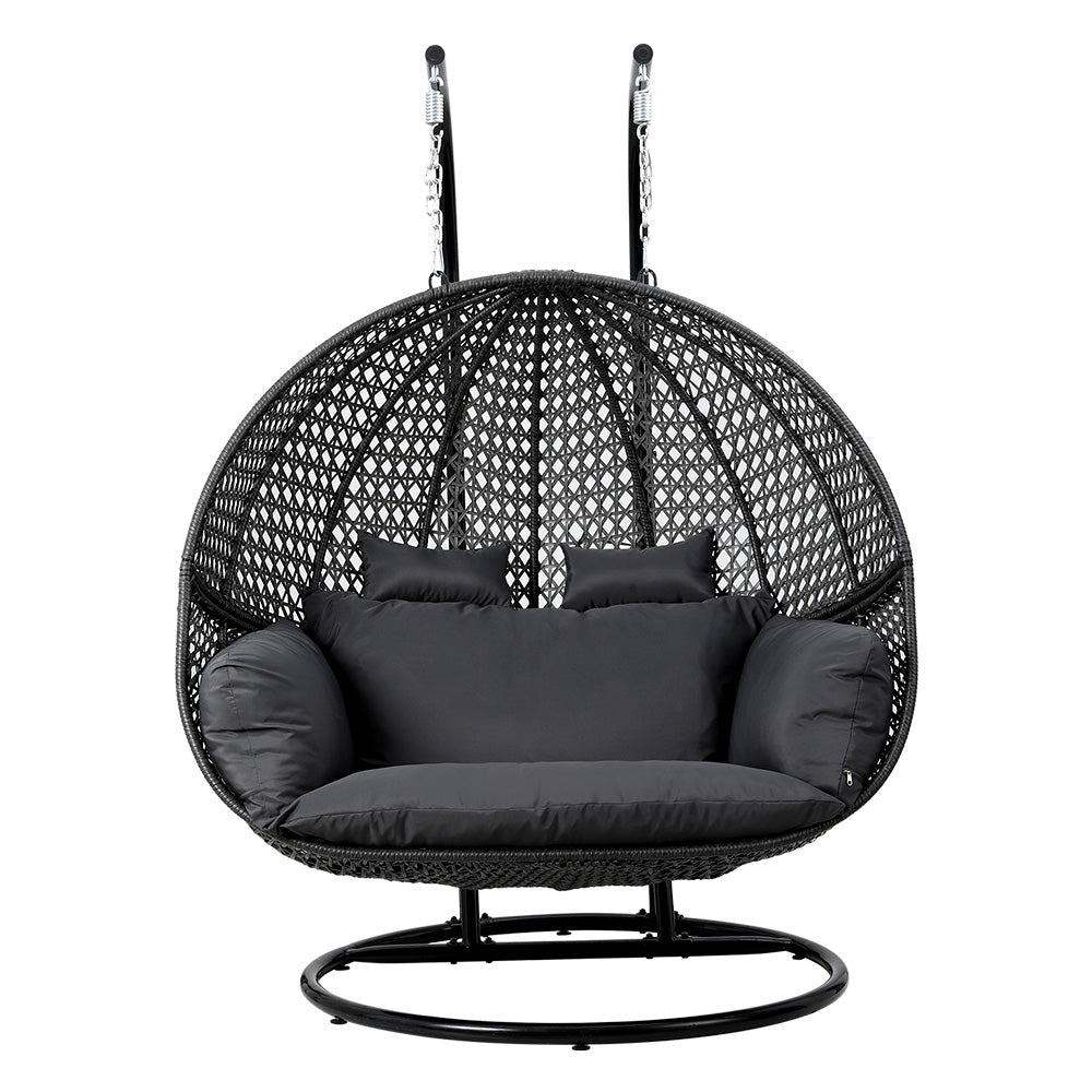 Gardeon Outdoor Egg Swing Chair Hanging Pod Chair Wicker Cushion 2 Person Grey-2