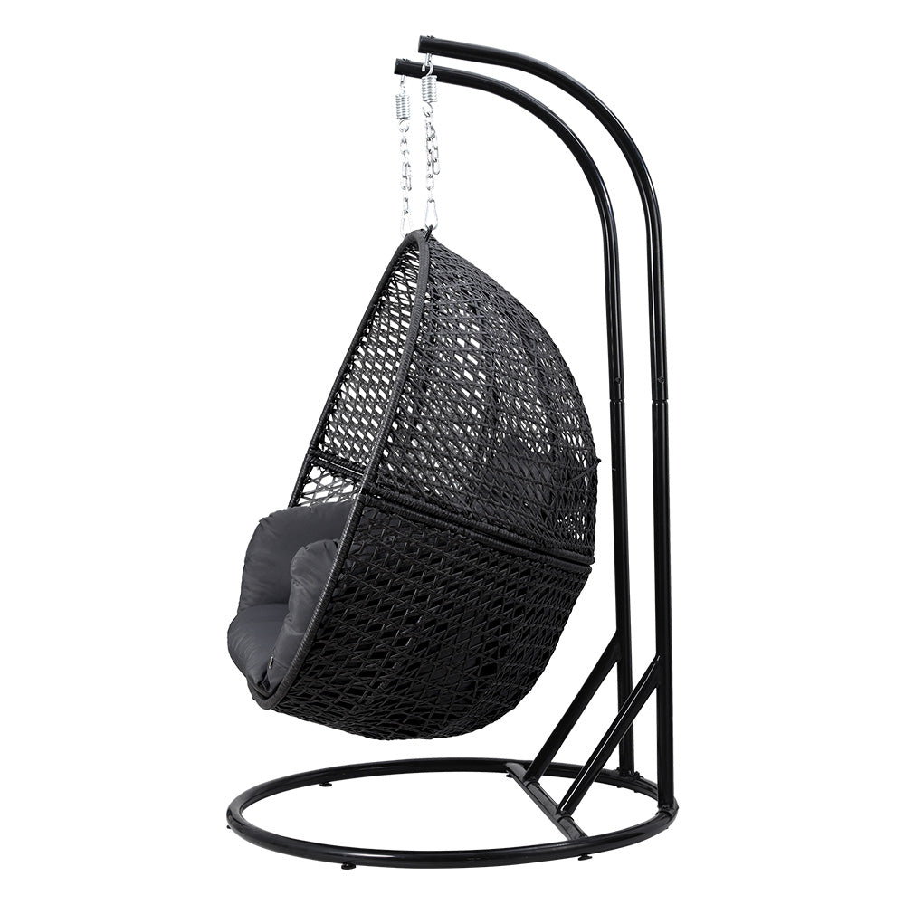 Gardeon Outdoor Egg Swing Chair Hanging Pod Chair Wicker Cushion 2 Person Grey-3