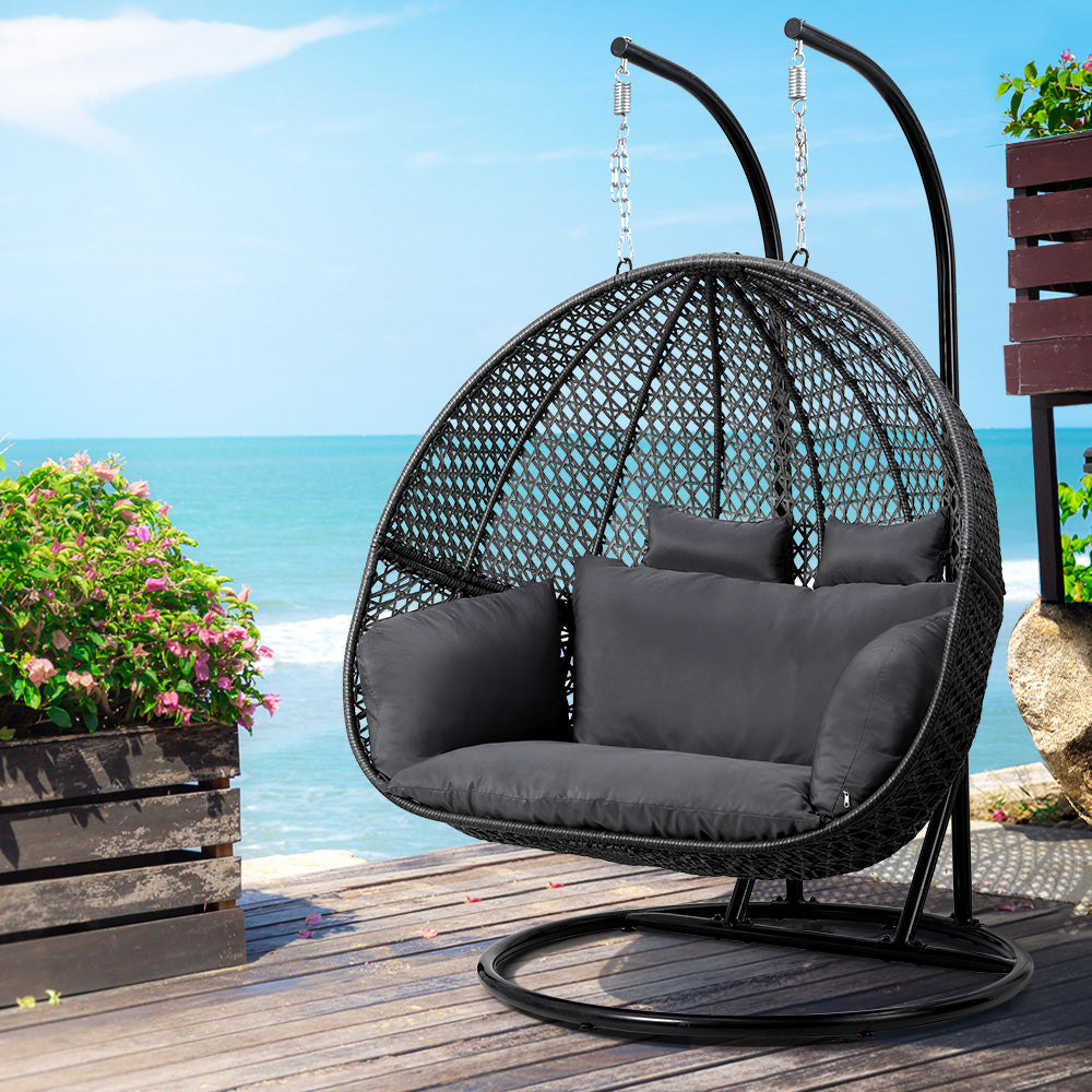 Gardeon Outdoor Egg Swing Chair Hanging Pod Chair Wicker Cushion 2 Person Grey-7