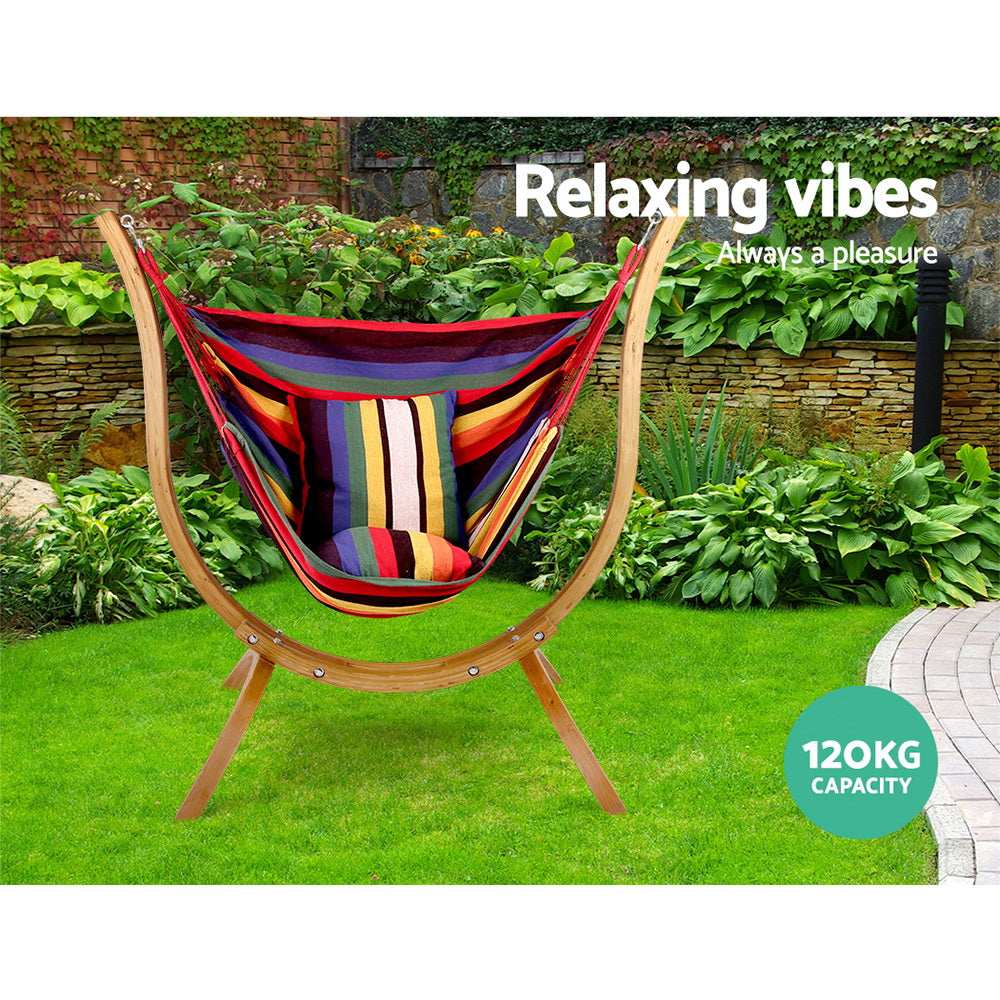 Gardeon Hammock Chair Timber Outdoor Furniture Camping with Wooden Stand-2