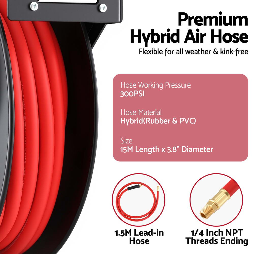 Giantz Air Hose Reel 3/8 IN x 15m Retractable Air Hose 300PSI-5