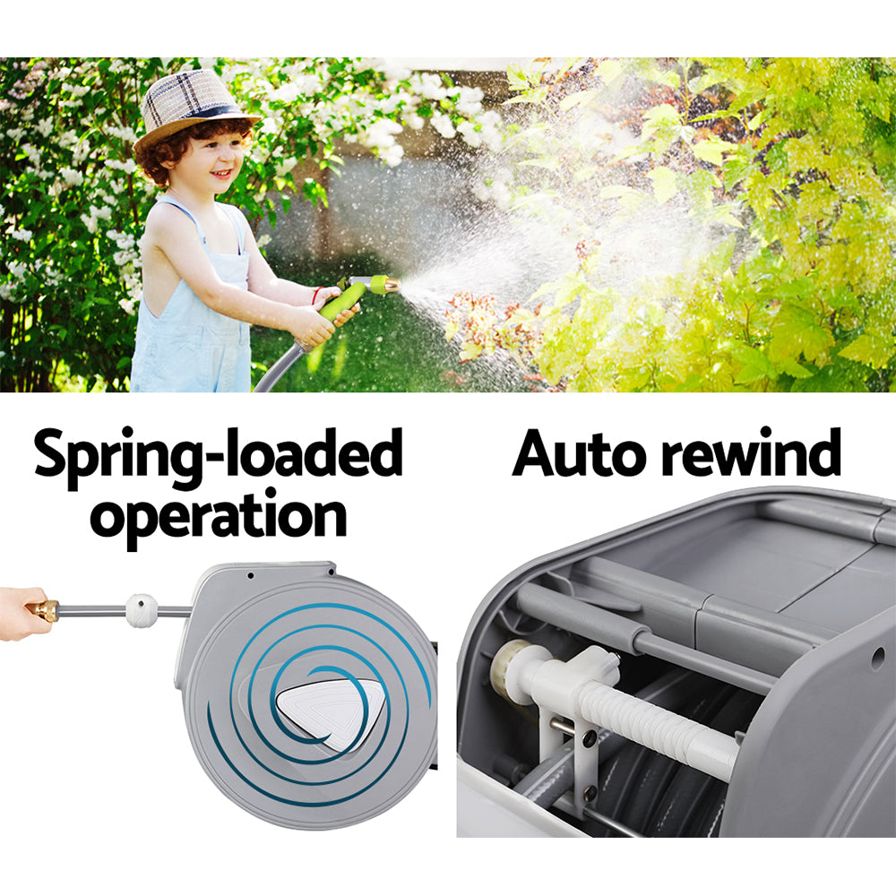 Water Hose Reel 20M Retractable Auto Rewind Garden Brass Spray Gun-4