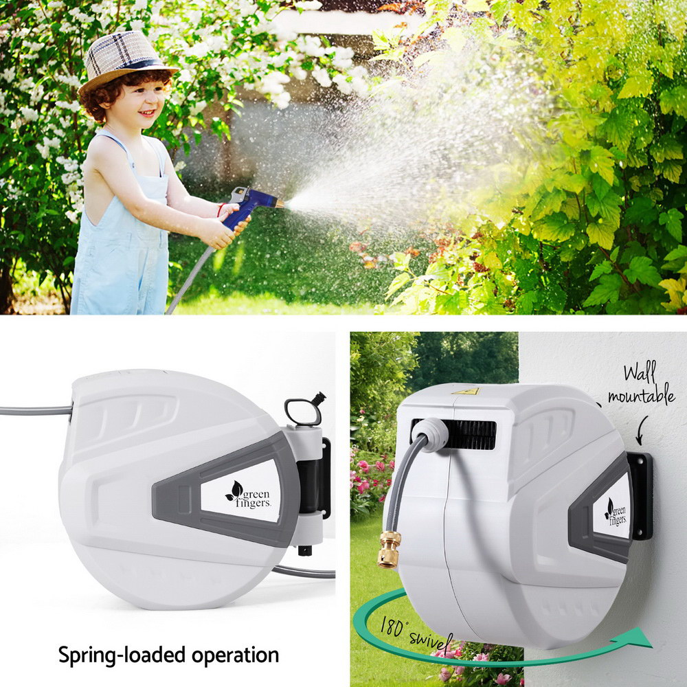 Green Fingers 30M Water Hose Reel Retractable Auto Rewind Wall Mount Garden Spray Gun-4