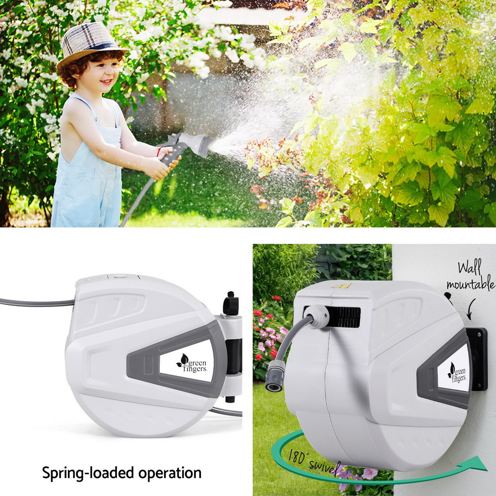 Green Fingers 30M Water Hose Reel Retractable Auto Rewind Wall Mount Garden Spray Gun-4