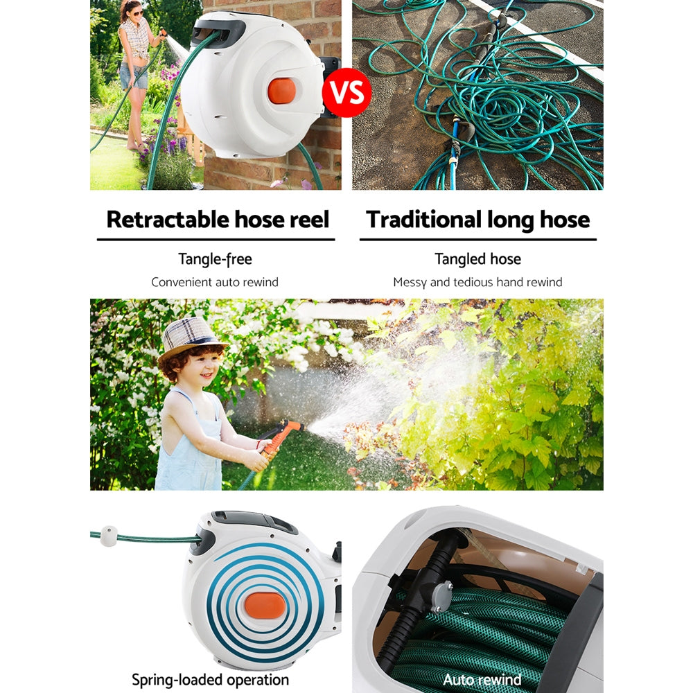 Greenfingers Retractable Hose Reel 30M Garden Water Brass Spray Gun Auto Rewind-3