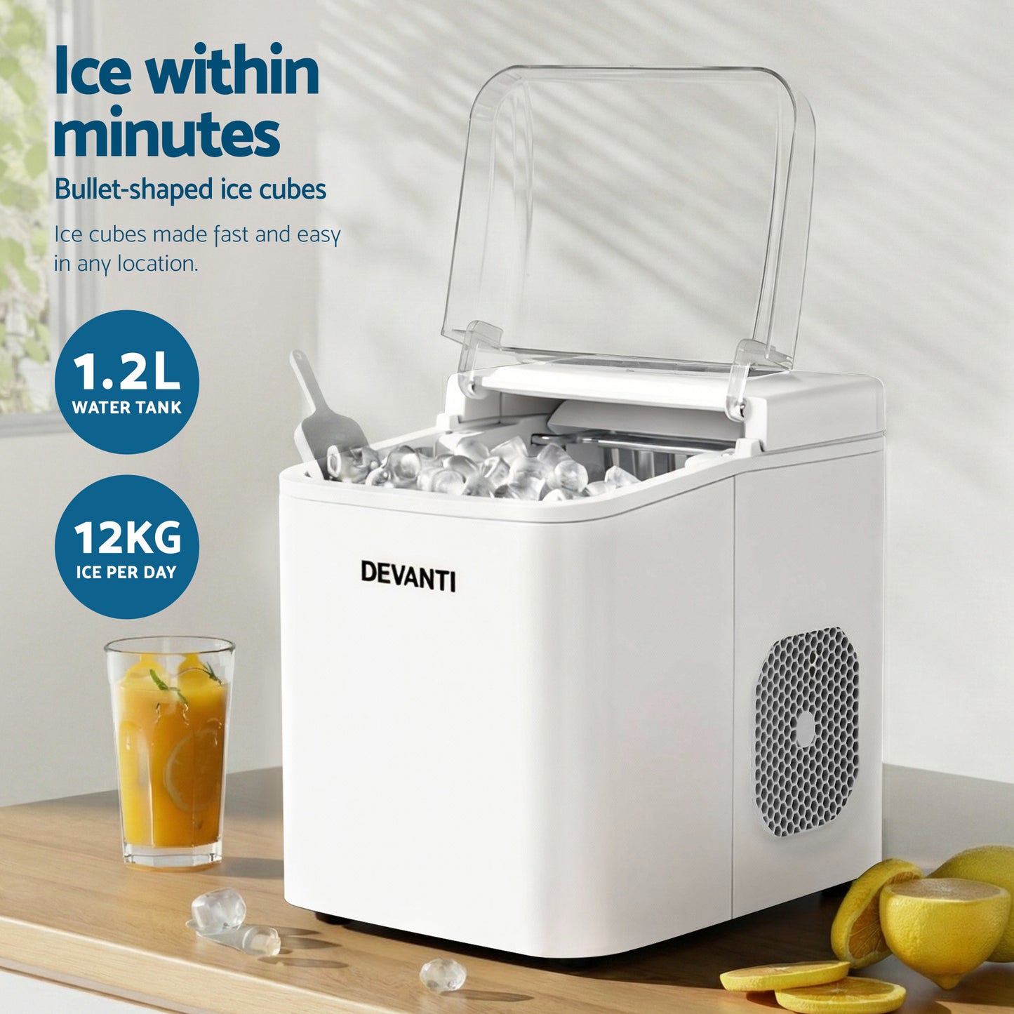 Devanti Ice Maker Machine Portable 12kg Countertop w/Self Cleaning 1.2L White-3