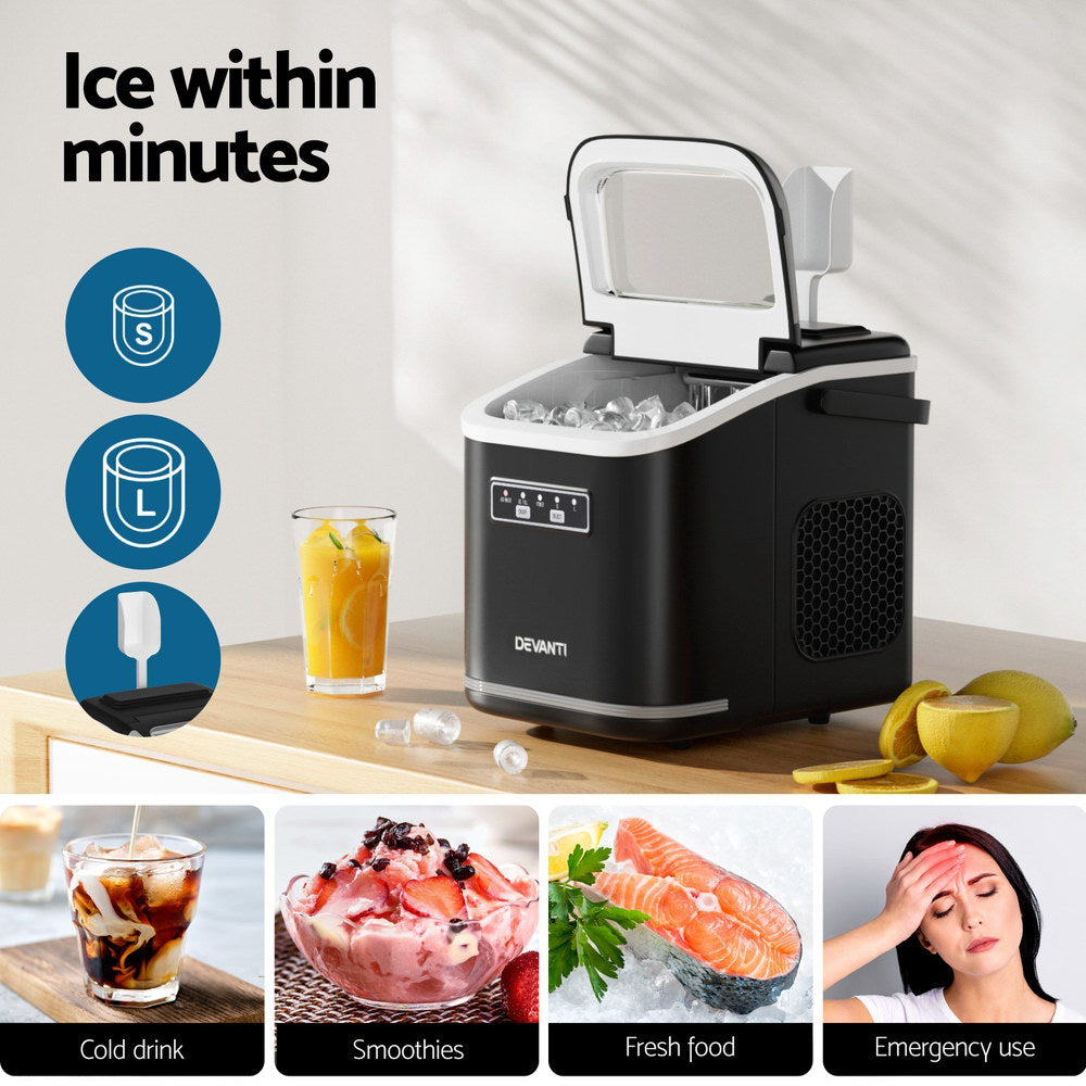 Devanti Ice Maker Machine Portable 12kg Countertop w/Self Cleaning 1.3L Black-3