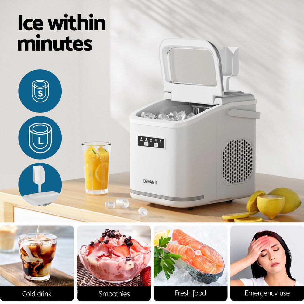 Devanti Ice Maker Machine Portable 12kg Countertop w/Self Cleaning 1.3L White-3