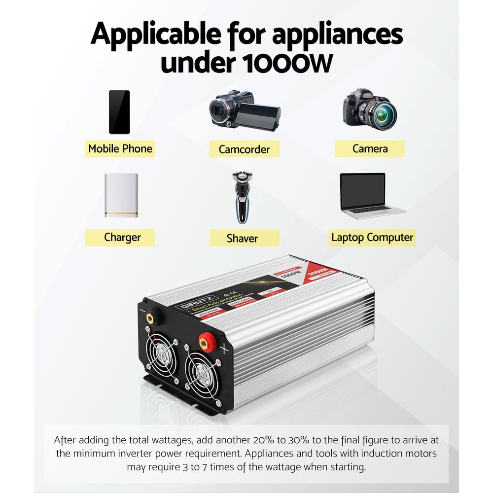 Giantz Power Inverter 1000W or 2000W Pure Sine Wave 12V-240V Camping Boat Caravan-6