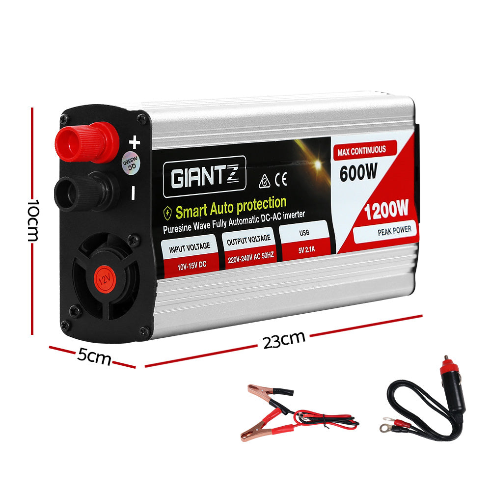 Giantz Power Inverter 600W/1200W 12V to 240V Pure Sine Wave Camping Car Boat-1