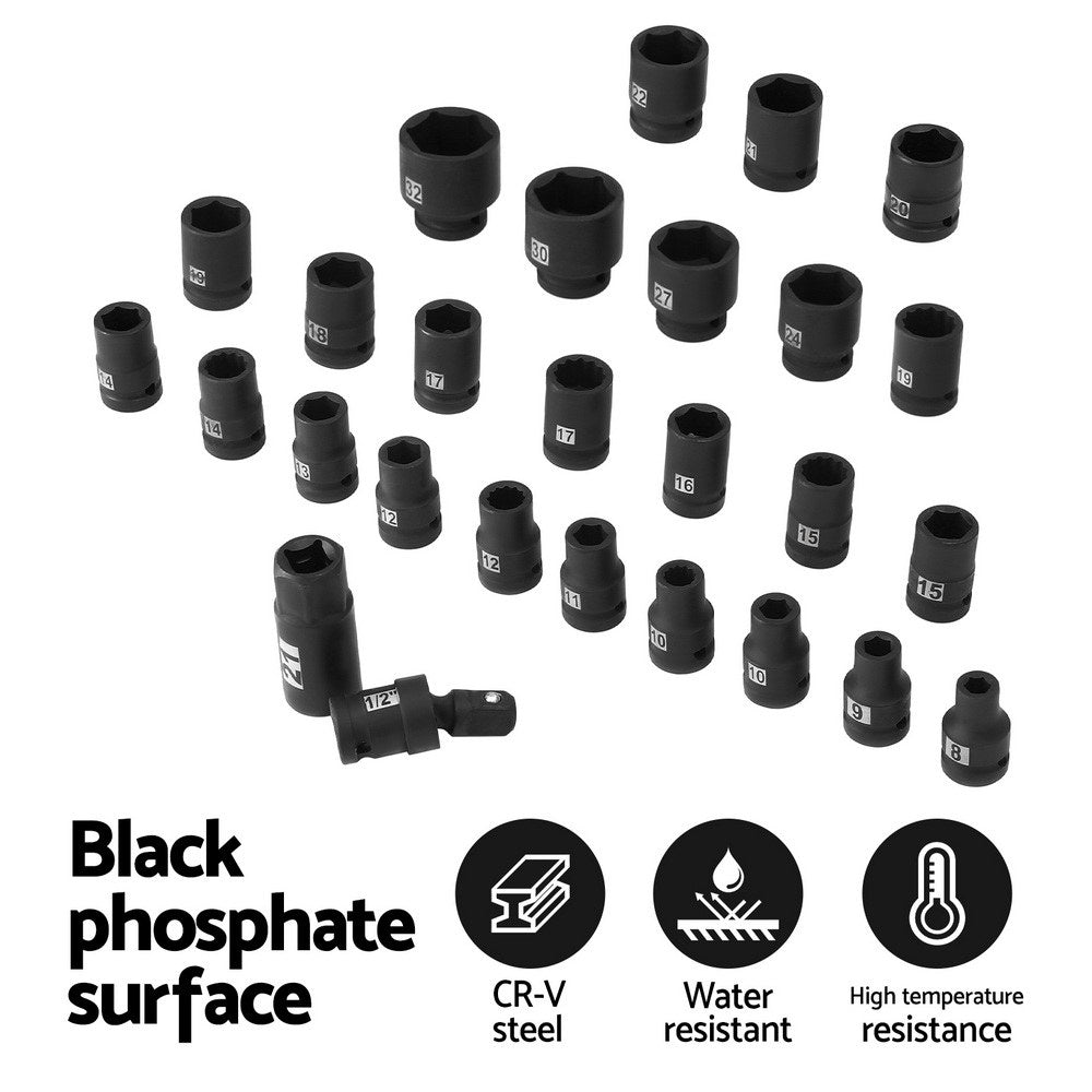 Giantz 30Pc 1/2" Drive Socket Set Cr-V Steel 8-32mm Workshop Repair-5