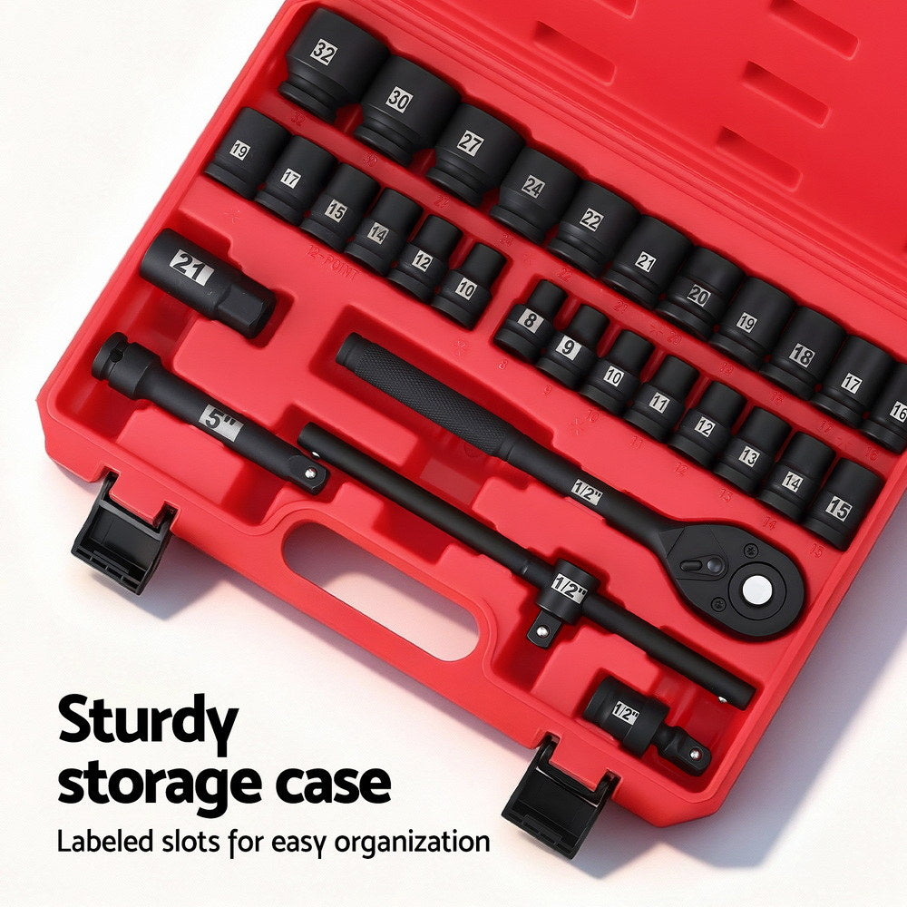 Giantz 30Pc 1/2" Drive Socket Set Cr-V Steel 8-32mm Workshop Repair-6