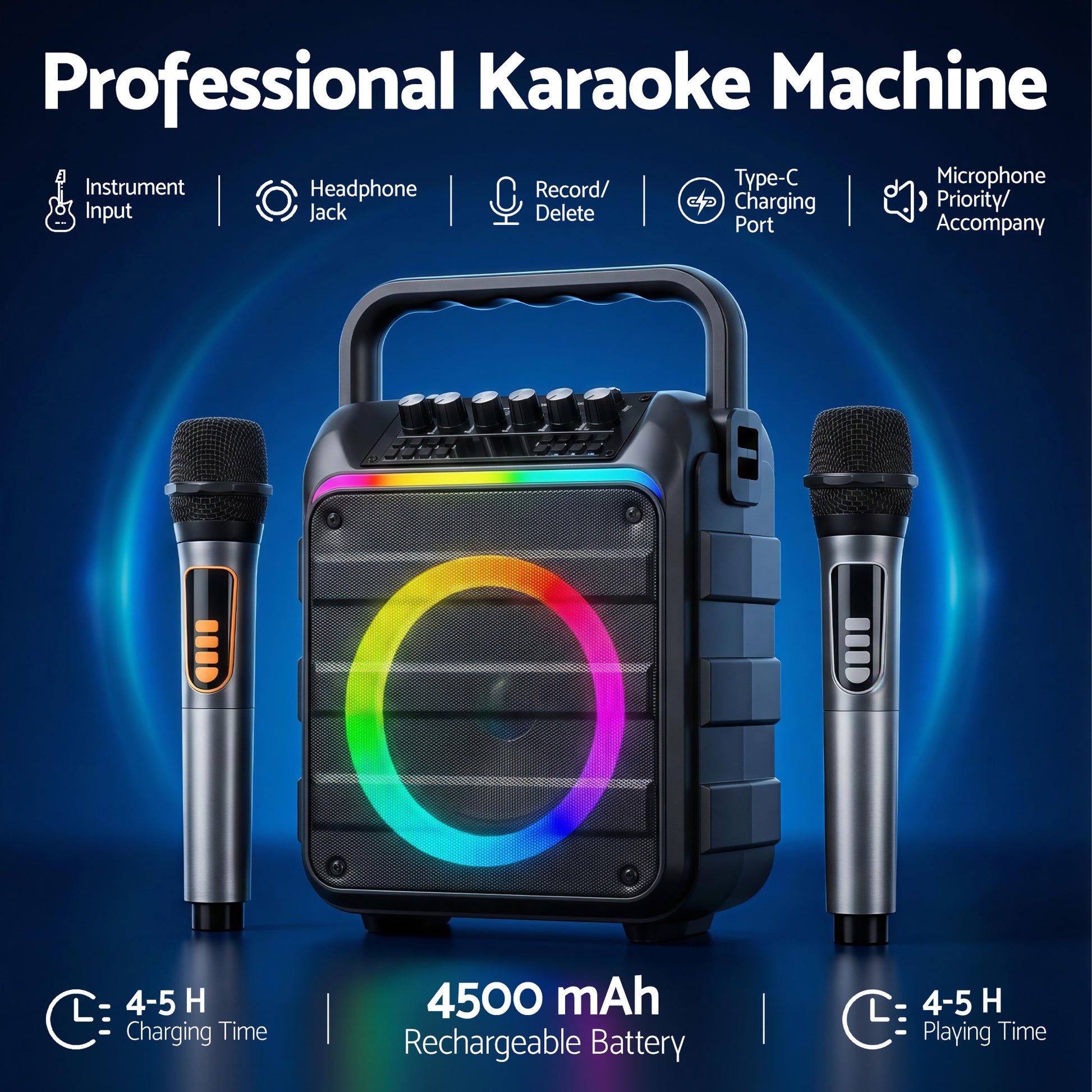 Alpha Portable Karaoke Machine with 2 Wireless Microphones Bluetooth 5.3-5