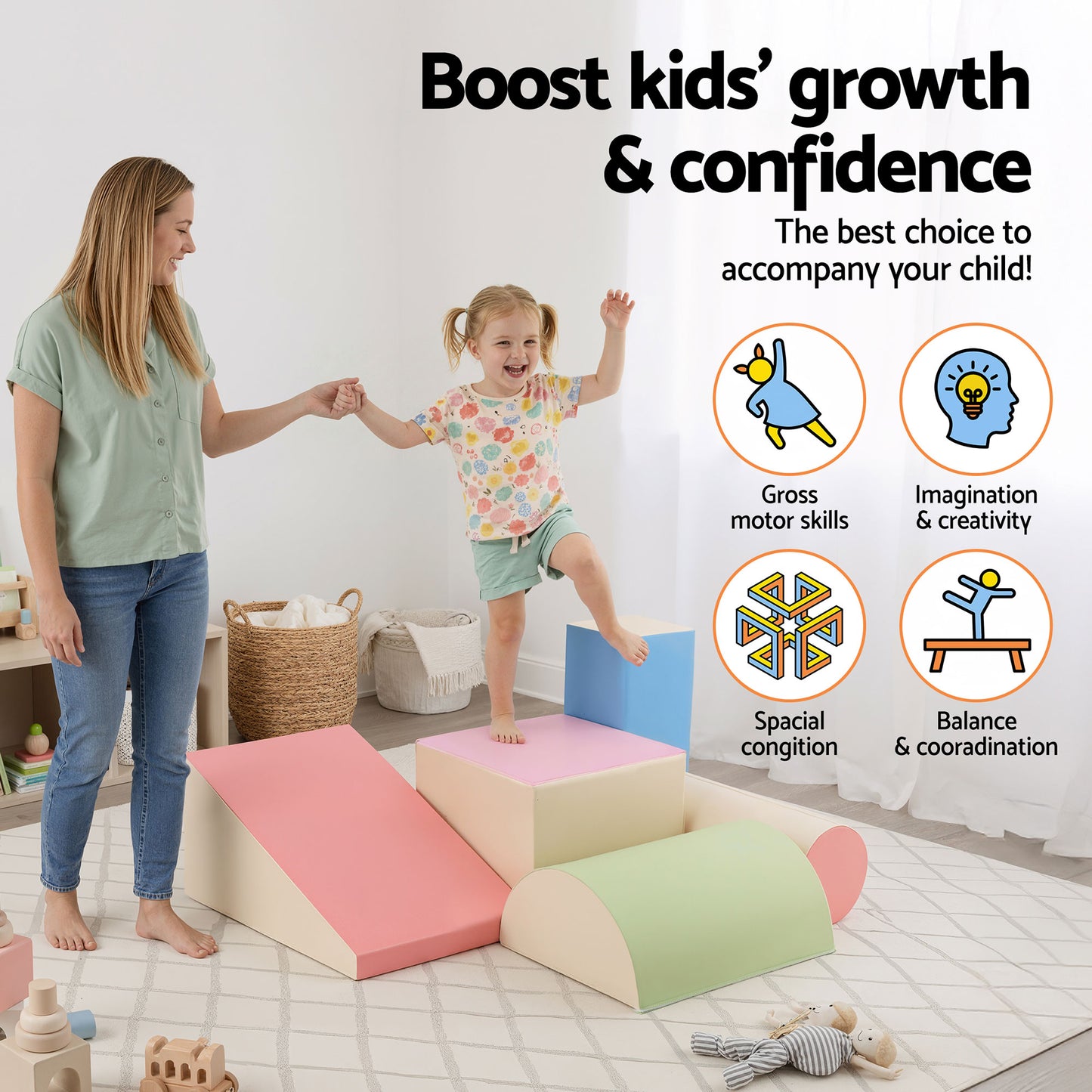 Keezi Kids Climbing Blocks 5-Piece Foam Toddler Playset Soft Indoor Climbing Toy Rocker-6