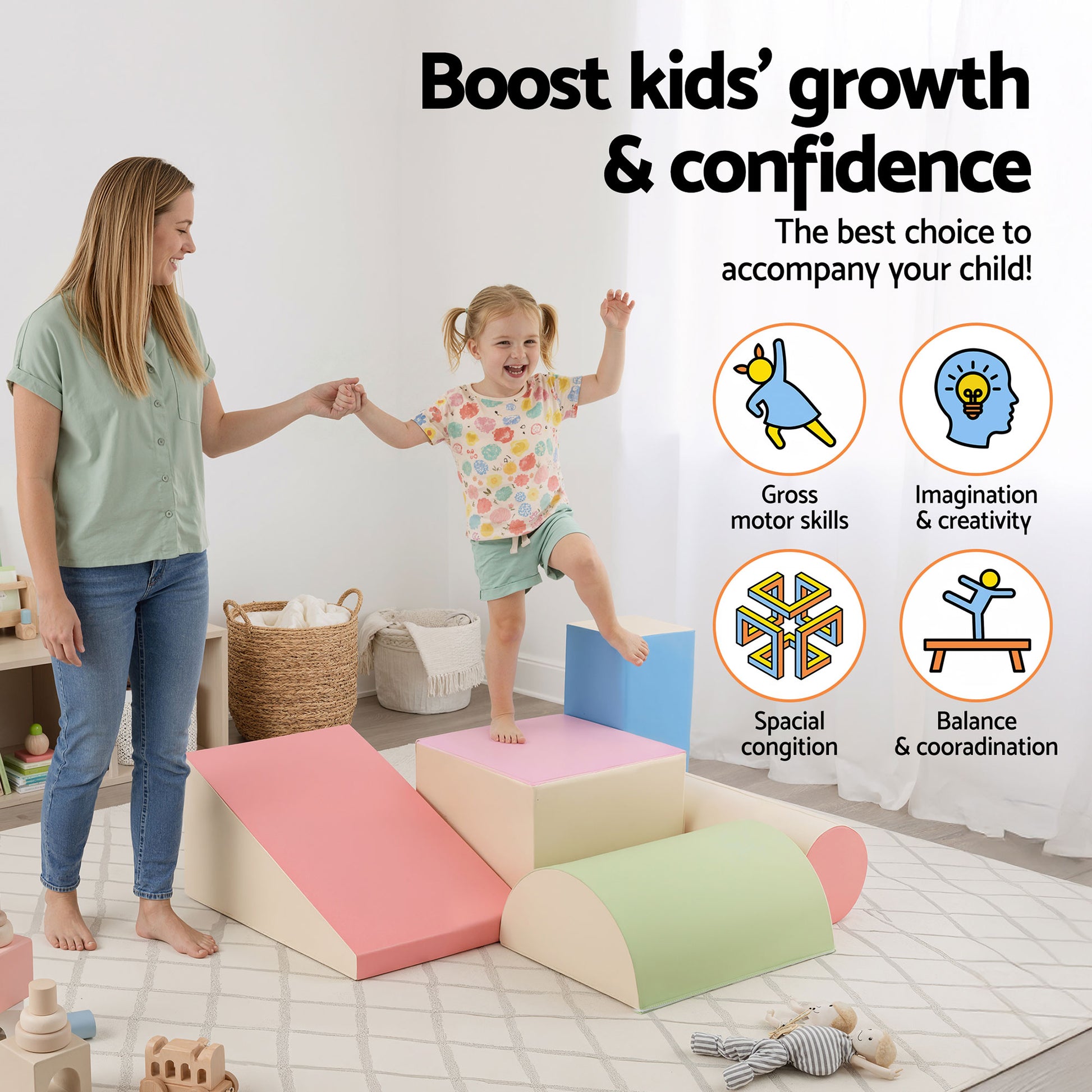 Keezi Kids Climbing Blocks 5-Piece Foam Toddler Playset Soft Indoor Climbing Toy Rocker-6